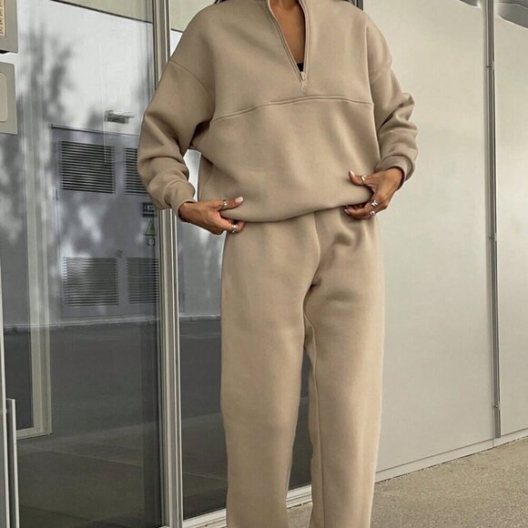 Khaki Casual Women's Solid Color 2-Piece Set - Picture 3 of 7